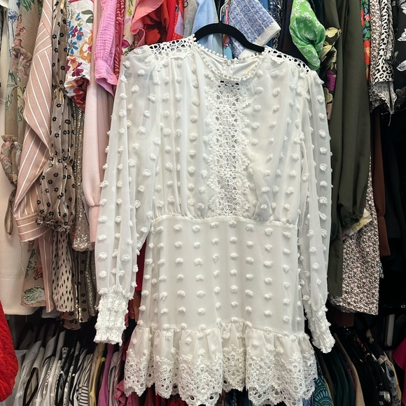 White Swiss Dot Mini Dress. Long sleeves - Picture 2 of 3